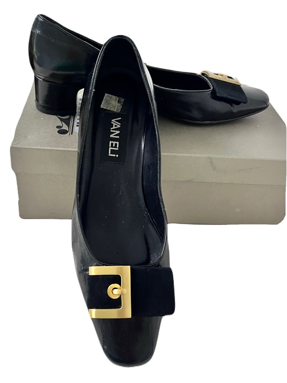 Vintage Vaneli Black Eel Skin Leather and Suede Pilgram Buckle Heels, Size 8